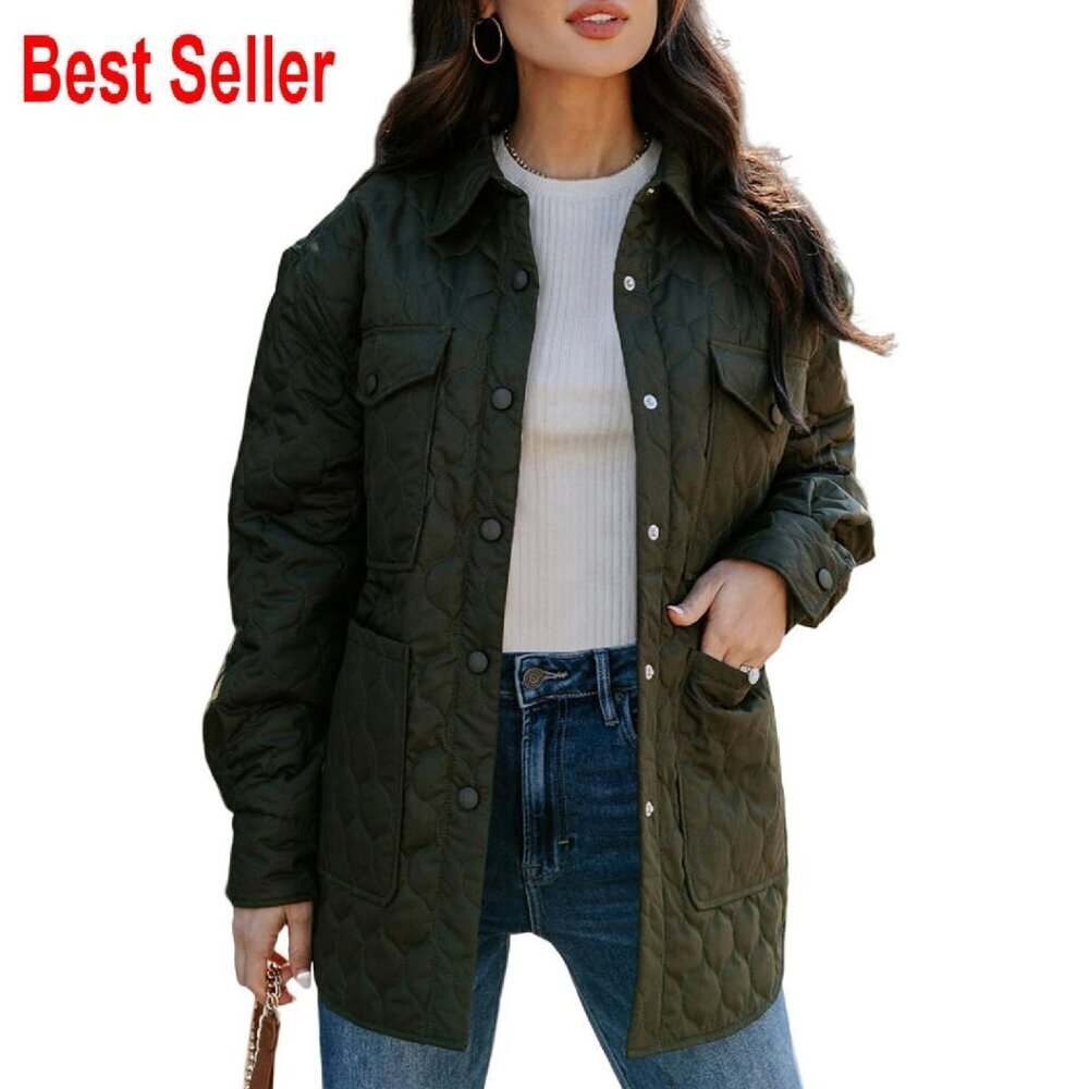 Quilted Puffer Jacket Lightweight Diamond Texture Button Down Oversized Chic
